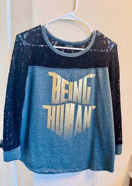 Being Human Black Lace-Panel Long Sleeve Top with 'Being Human' Gold Text